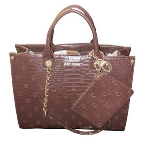 BETSEY JOHNSON XL FAUX CROC BROWN DOUBLE HANDLE/CHAIN STRAPS TOTE W/ SKULLS NWT